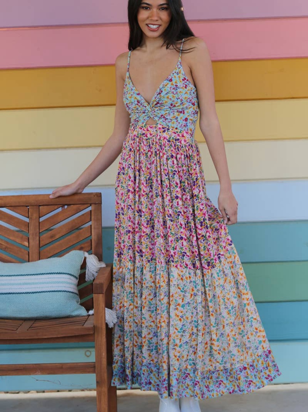 Angie Floral Tiered Maxi Dress in Multi-Color